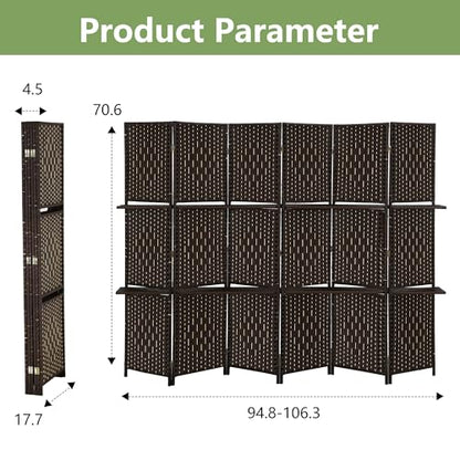 Room Divider 6 Panel Room Screen Divider Folding Portable partition Screen Wood with Removable Storage Shelves, Dark Brown