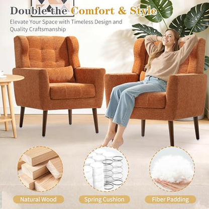 Modern Accent Chair, Upholstered Armchair with Pillow, Fabric Single Sofa Chair with Lounge Seat and Wood Legs Accent Chair for Living Room Bedroom Small Spaces (Orange, Set of 1)