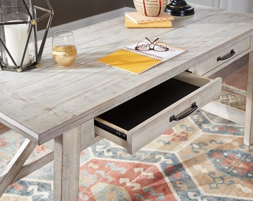Signature Design by Ashley Carynhurst Farmhouse Large Leg Home Office Desk, 2 Storage Drawers, Vintage Bronze Hardware, Wood, 60.25" Wide, Antique White