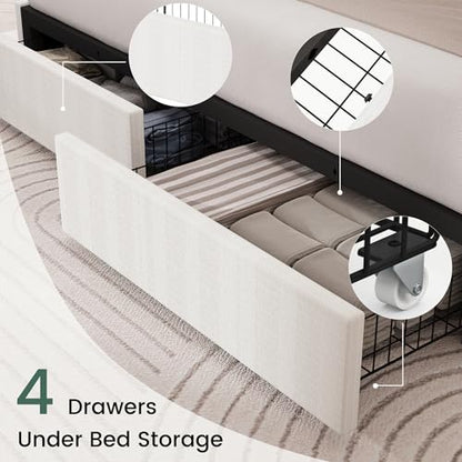 King Size Bed Frame with 4 Storage Drawers and Wingback Headboard Linen, view 4