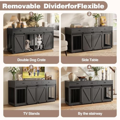 Double Dog Crate Furniture, 71" TV Stand Kennel for 2 Dogs, view 7