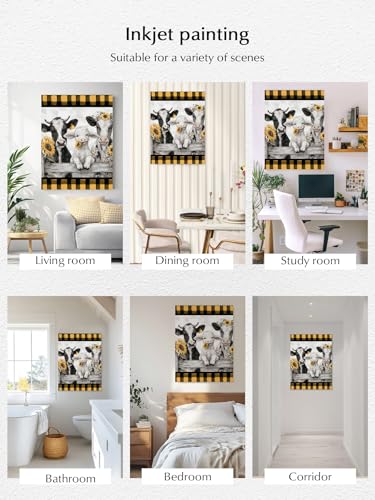 NuYeBiofx Farmhouse Cow Sheep Buffalo Plaid Canvas Wall Art Prints,30"x20" Framed Picture Artwork Rustic Sunflower Wood Fence Printed Canvas Oil Painting for Living Room Bedroom Office,Ready to Hang