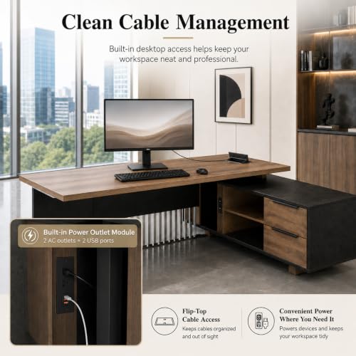 70.86 Inch Large Executive Desk with Drawers Cabinet, L Shaped Office Desk, view 5