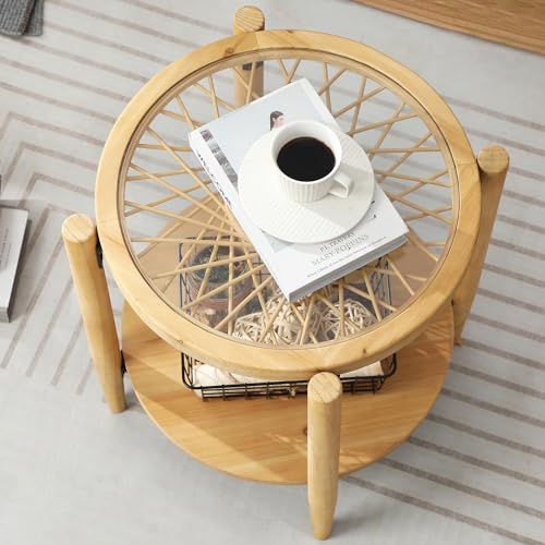 Rattan Nightstands Set of 2,Boho Wood Round Side Tables, 2-Tier Natural End Table with Glass Top and Wood Legs, Sofa Side Table Bedside Table for Living Room Bedroom Couch(Natural)