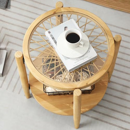 Rattan Nightstands Set of 2,Boho Wood Round Side Tables, 2-Tier Natural End Table with Glass Top and Wood Legs, Sofa Side Table Bedside Table for Living Room Bedroom Couch(Natural)