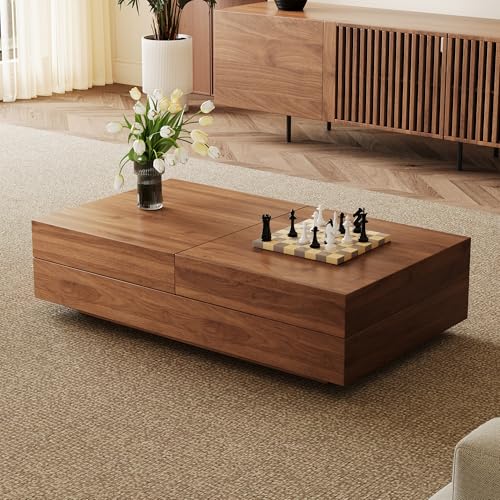 Mid-Century Expandable Coffee Table with Storage – 47.2"-81.9" Adjustable Center Table for Living Room, Walnut Wood Finish