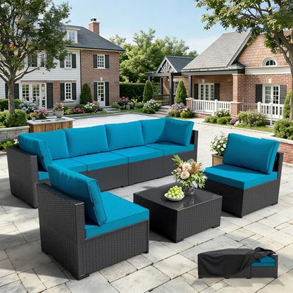 WWR Patio Furniture Set 7 Piece - All-Weather - Wicker Rattan Patio Outdoor Conversation Set, Modular Sectional Sofa for Backyard, Garden, Poolside, Balcony, Porch, Patio, Black/Peacock Blue