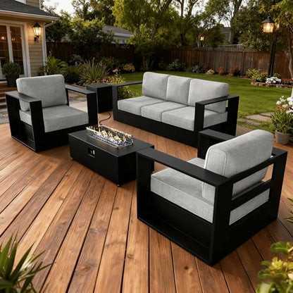 Oversized Aluminum Outdoor Furniture Set, 4 Piece Patio Sofa Sets with Fire Pit Table, Deep Seating and Upgraded 6-inch Cushions for Porch, Balcony, Deck