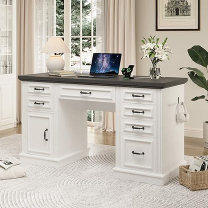 Farmhouse 57" Executive Desk with 7 Drawers, Home Office Desk with File Cabinet Storage, Computer Desk with Charging Station and Headphone Hook for Work, Study, Writing, White