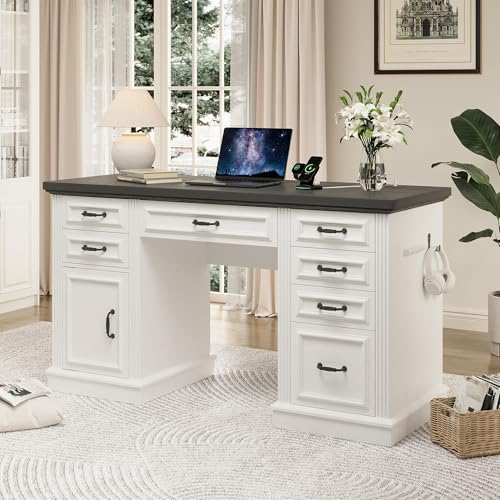 Farmhouse 57" Executive Desk with 7 Drawers, Home Office Desk with File Cabinet Storage, Computer Desk with Charging Station and Headphone Hook for Work, Study, Writing, White