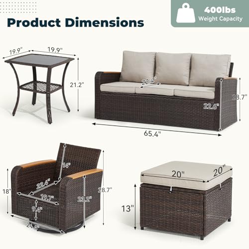 6 Pieces Wicker Patio Furniture Sets, Patio Conversation Set PE Rattan Sectional Sofa with Swivel Chairs Ideal for Indoor Porch Deck Bistro Lawn Garden Backyard Poolside-Khaki