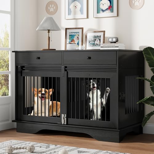 Elegant Wooden Dog Crate Furniture with 2 Storage Drawers, Removable Divider, view 4