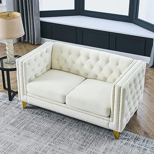 Comfy Upholstered Couches for Living Room, 58-inch Modern Button Tufted Loveseat Sofa w/Square Arm, 4 Golden Metal Legs and Gold Nail Heads for Living Room, Office, Apartment, Beige