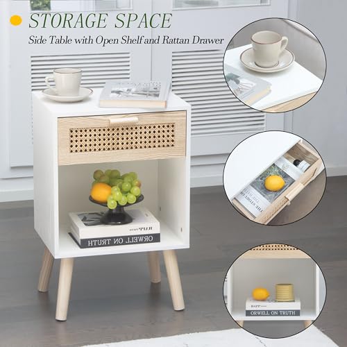 White Rattan Nightstand, Modern Nightstand with Rattan Drawer, Modern Wooden Bedside Table with Solid Wood Legs for Bedroom, and Small Spaces (White)
