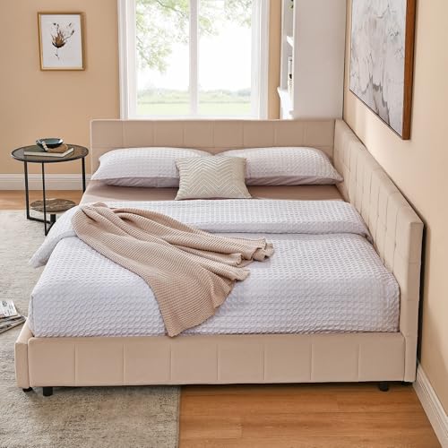 GDFStudio Queen Size Upholstered Velvet Tufted Bed Frame, Sofa Lounge Bed with Backrest and Armrest, Mid-Century Modern Daybed for Living Room, No Box Spring Required,Mattress not Included,Pink