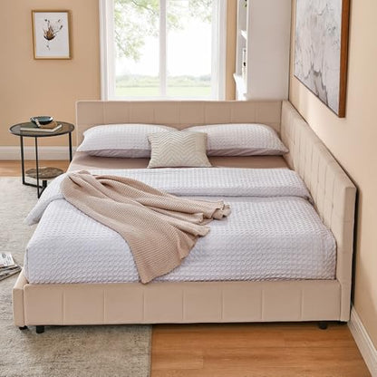 GDFStudio Queen Size Upholstered Velvet Tufted Bed Frame, Sofa Lounge Bed with Backrest and Armrest, Mid-Century Modern Daybed for Living Room, No Box Spring Required,Mattress not Included,Pink