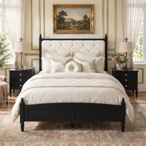 Queen Upholstered Platform Bed Frame with Tufted Headboard, Beige Black, view 2