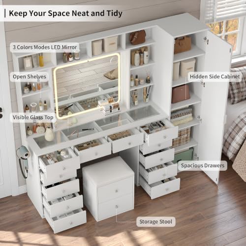 71'' Vanity Desk with LED Lights & Body Mirror, Hidden Cabinet, White, view 4