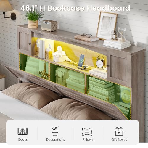 Farmhouse Queen Bed Frame with Bookcase and Storage Cabinets Headboard, view 4
