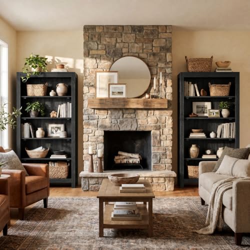 71" Solid Wood 5-Tier Tall Bookcase (2, Black), view 4