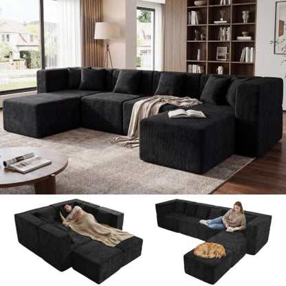 130'' Oversized Boneless Sectional Couches for Living Room, 6-Seat U Shaped Cloud Couch, Modular Sofa with Ottoman & 6 Throw Pillows, Comfy Chenille, No Assembly Required, Black