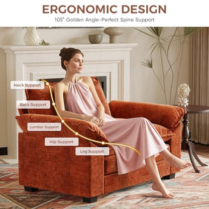 Oversized Accent Chair, 49.5'' W Chenille Cloud Sofa Chair with Deep Seat and Extra Wide Armrests, Comfy Reading Armchair for Bedroom, Living Room, Terracotta Orange