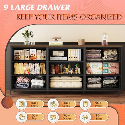 Dresser TV Stand for 75 Inch TV, with 9 Fabric Drawers, Rustic Brown, view 6