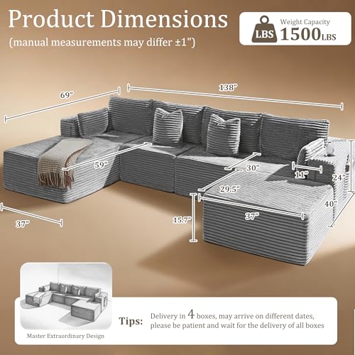 138" Oversized Cloud Sectional Couch, Comfort U Shaped Boneless Couch for Living Room, Extra Deep Seats No Assembly, Modular Sofa, Corduroy (Light Grey, 3 Seater+Left Facing Chaise+Ottoman)