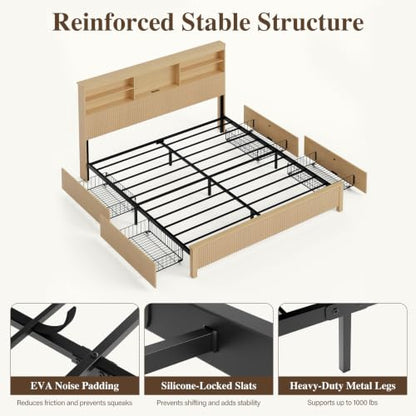 King Size Bed Frame with 4 Storage Drawers, Natural, view 9