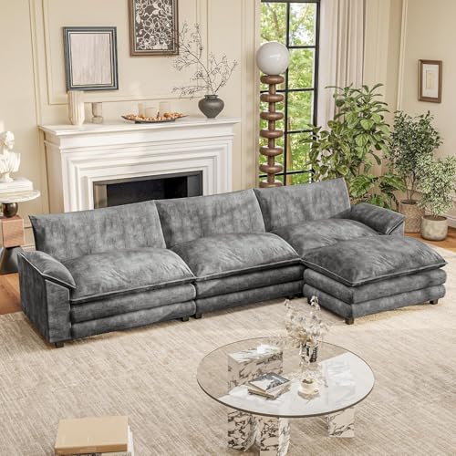 119" Modular Couch 3-Seat Sofa with Reversible Ottoman, Cloud Couch L Shaped Sofa with Deep Seat, Chenille Sectional Couches for Living Room