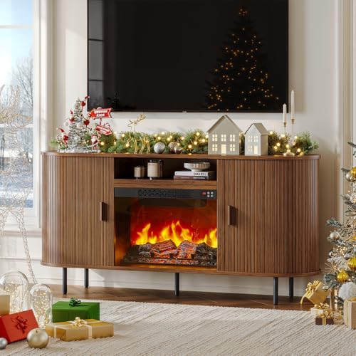 63" Fluted Fireplace TV Stand with Sliding Doors & Power Outlet, view 2