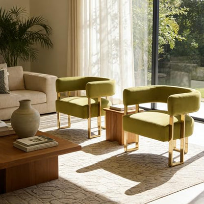 Barrel Accent Chair with Metal Frame Legs, Modern Velvet Living Room Chairs, Mid Century Upholstered Single Lounge Sofa Armchair for Living Room/Bedroom/Reading Room, Olive