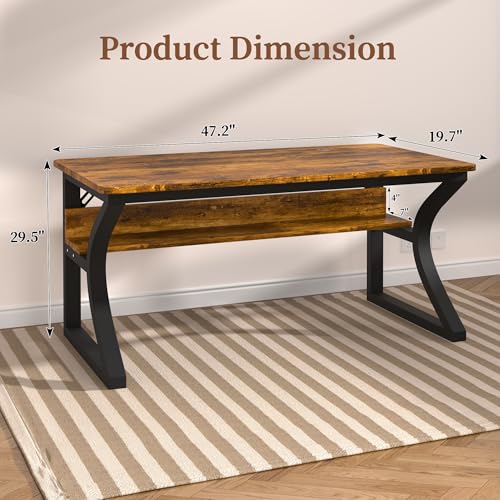 Computer Desk, 47 X 20 inch Computer Desk, Office Desk w/Storage, Large Legroom, Sturdy Metal Frame, Home Office Desks for Gaming Study Writing Work, Waterproof, Scratch-Resistant, Rustic Brown