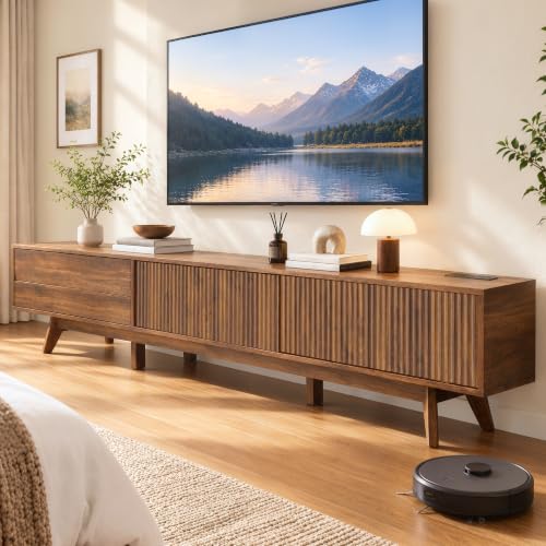 94" Fluted TV Stand with Power Outlet, Living Room TV Stand Walnut, view 2