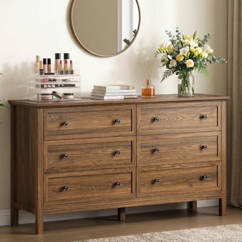 Walnut 6 Drawer Dresser for Bedroom, 55" Wood Chests of Drawers for Hallway, view 2
