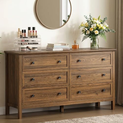Walnut 6 Drawer Dresser for Bedroom, 55" Wood Chests of Drawers for Hallway, view 2