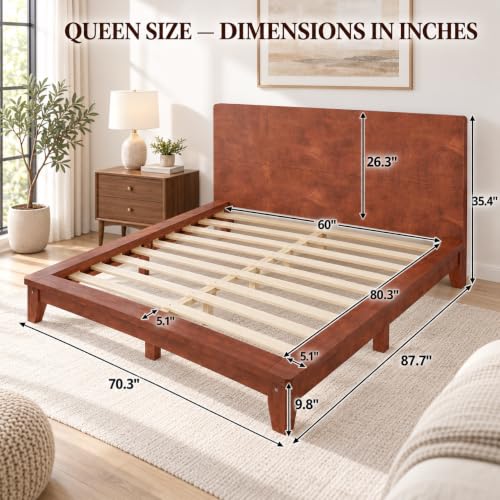 Queen Size Japanese Wooden Bed Frame with Brown Headboard, view 3
