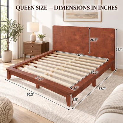 Queen Size Japanese Wooden Bed Frame with Brown Headboard, view 3