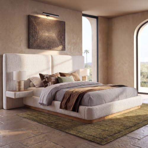 Queen Beige Platform Bed Frame with Curved Headboard, view 2
