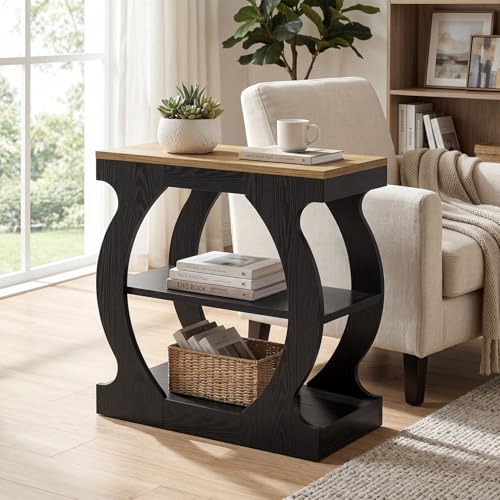 End Table with 3-Tier Storage, Narrow Side Table with Curved Frame, Wooden Nightstand for Living Room, Small Spaces, Bedroom, Rustic Brown & Black