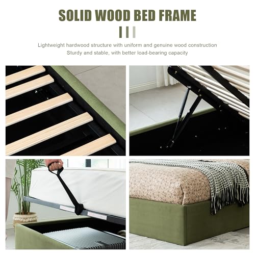 King Hydraulic Lift Storage Bed Frame，Upholstered Headboard，Green, view 7