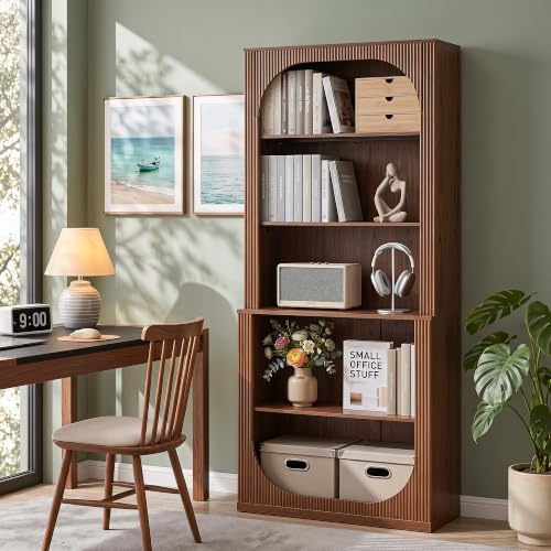 71" Tall Arched Bookcase, 5 Tier Fluted Wood Arched Bookshelf, view 6
