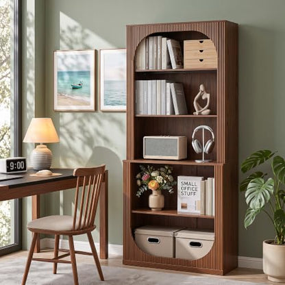 71" Tall Arched Bookcase, 5 Tier Fluted Wood Arched Bookshelf, view 6