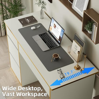 White Desk with Drawers, 47'' Computer Desk with 4 Drawers for Small Spaces, Small Office Desk with File Drawer for Study Room, Bedroom, White and Gold Desk
