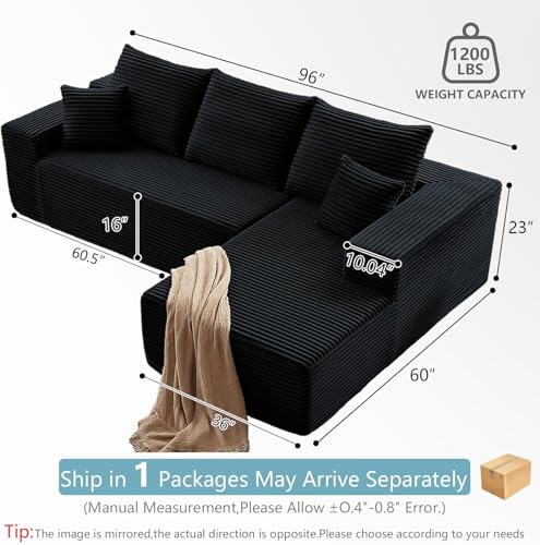 96" Boneless Couch for Living Room, Corduroy Cloud Sectional Sofa with L-Shape Chaise, Modular Memory Foam Couch with Deep Seat, No Assembly Required (Black,Right-Facing Chaise)