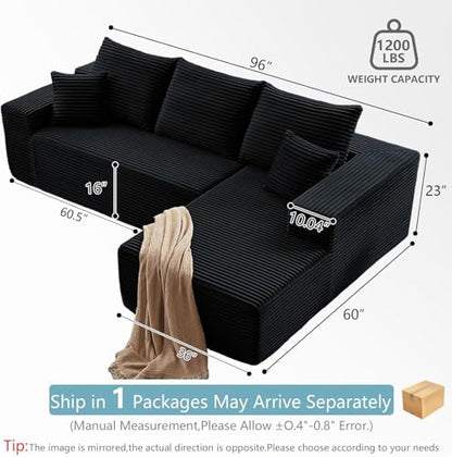 96" Boneless Couch for Living Room, Corduroy Cloud Sectional Sofa with L-Shape Chaise, Modular Memory Foam Couch with Deep Seat, No Assembly Required (Black,Right-Facing Chaise)