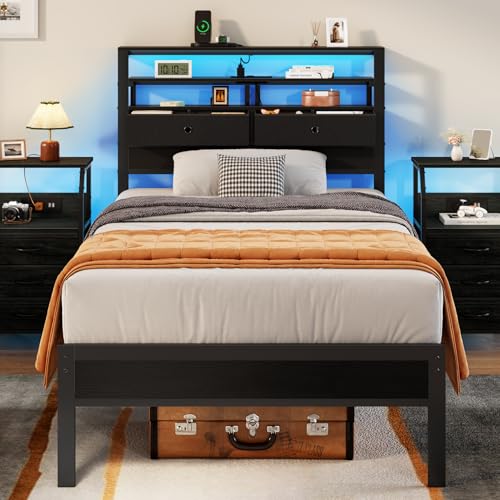 Twin Bed Frames with Charging Station and LED Lights, Black Oak, view 2
