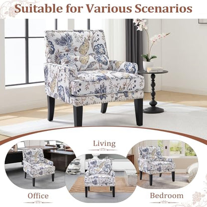 Floral Accent Chair Set of 2 with Lumbar Pillow,Upholstered Wingback Reading Armchair with Nailhead Trim, Mid-Century Single Sofa Chair for Living Room, Bedroom, Blue Floral