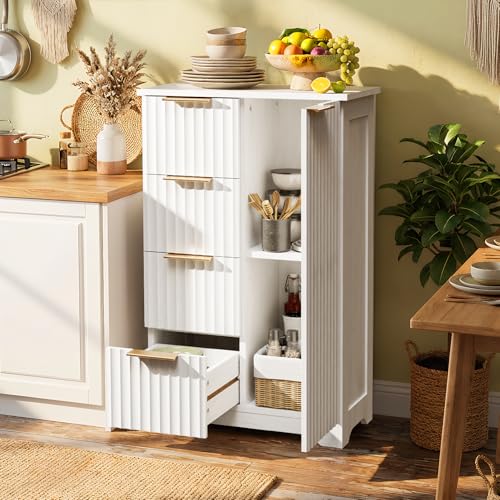 Fluted Sideboard Buffet Cabinet, Modern White Wood Storage Console with Doors and Drawers, Multi-Function Storage Cabinet for Living Room, Dining Room, Kitchen, White