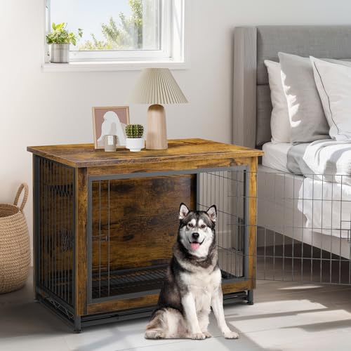 JY QAQA Dog Crate Furniture, Wooden Dogs Crate Table, Double-Doors Dog Furniture, view 5